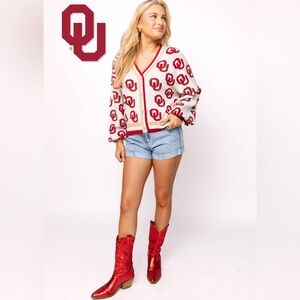 QUEEN OF SPARKLES Licensed Knit OKLAHOMA Rhinestone OU Cardigan Top NWT M
